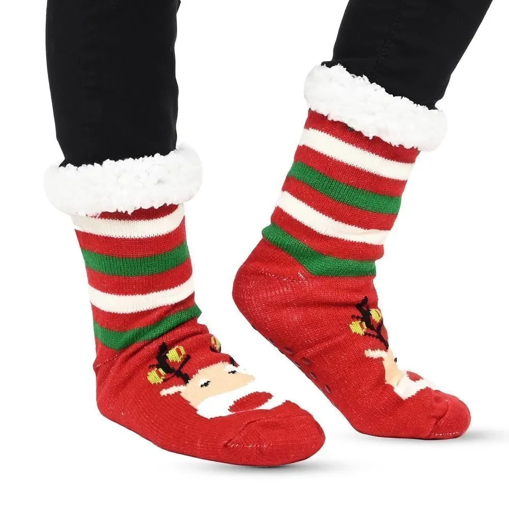 Snowman and Reindeer Pattern Sherpa Lined Slipper Socks Sz 5-10 Anti Slip Rubber